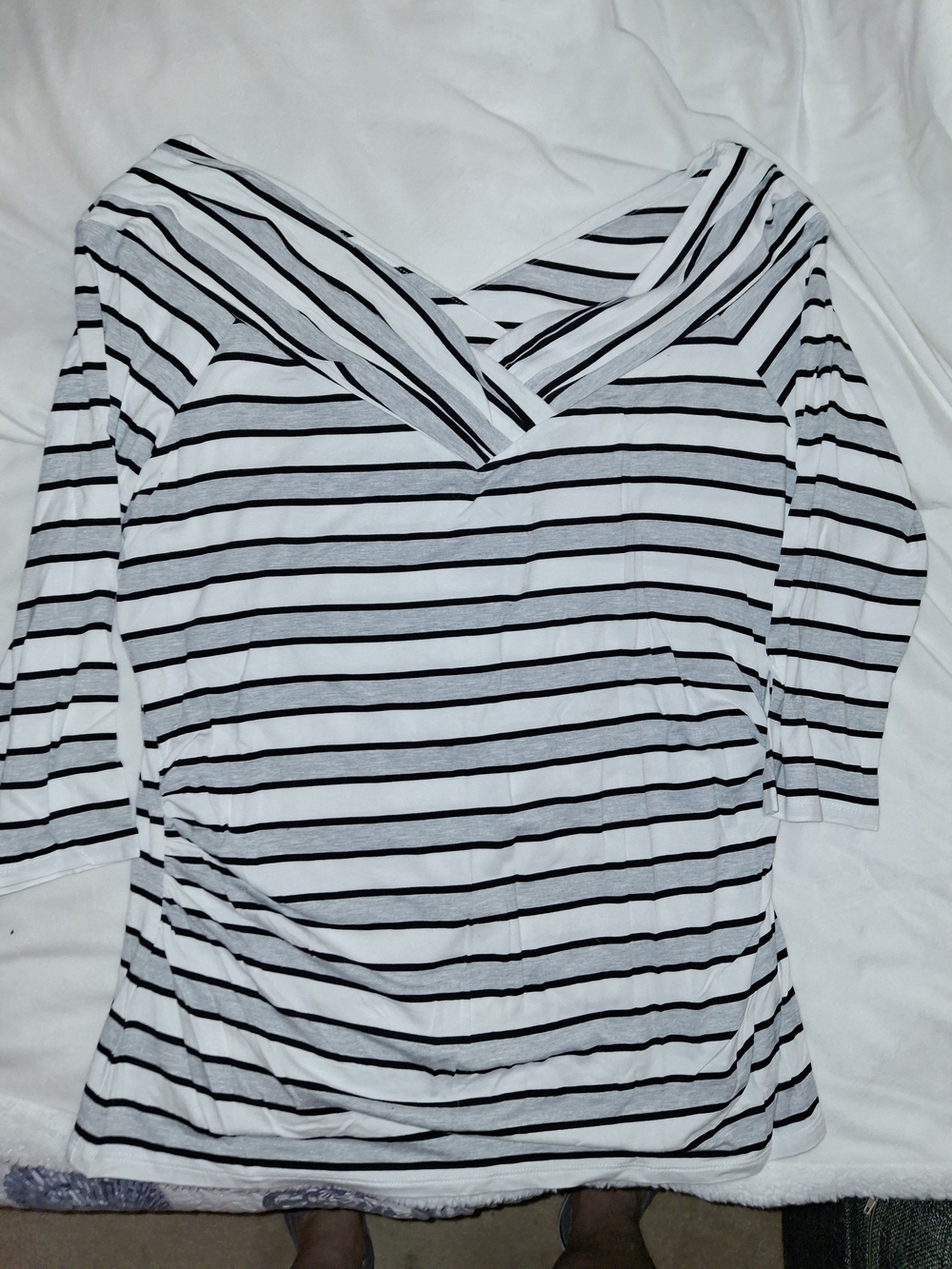White House Black Market Black & White Striped V-Shoulder Long Sleeve Top